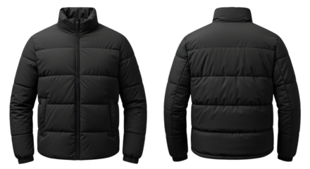 Black puffer jacket, front and back views, a versatile and warm outerwear piece for cold weather, fashion, and outdoor use, isolated on transparent background