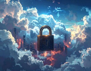 Digital padlock floats above a city shrouded in dreamy clouds