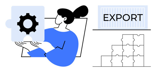 Export concept. A woman inspects a gear-shaped puzzle piece export processes. Export and trade focus on logistics management and global supply. Useful for business, trade, supply chain, exports
