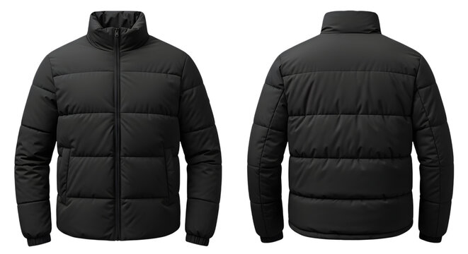 Black puffer jacket, front and back views, a versatile and warm outerwear piece for cold weather, fashion, and outdoor use, isolated on transparent background