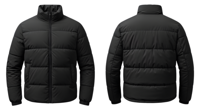 Black puffer jacket, front and back views, a versatile and warm outerwear piece for cold weather, fashion, and outdoor use, isolated on transparent background