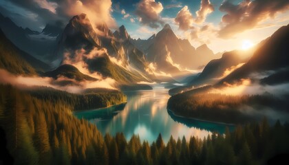 A breathtaking sunrise scene over a dramatic mountain valley with mist-covered forests and a turquoise lake reflecting the glowing light