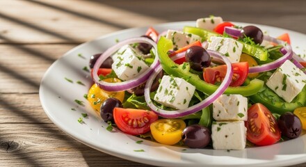 Delicious fresh greek salad with colorful vegetables and feta cheese on white plate, wooden table, sunny day