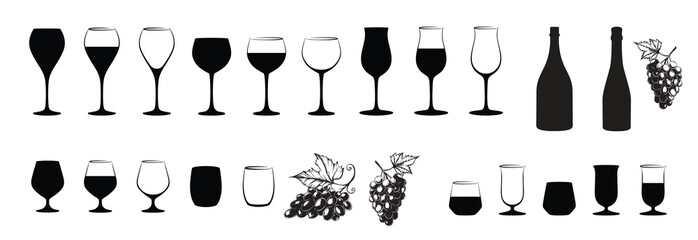 Handdrawn Wine Glass and wine bottle set