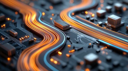 A close-up, abstract view of a complex circuit board with glowing orange and blue lines representing data flow, set against a dark, futuristic backdrop.