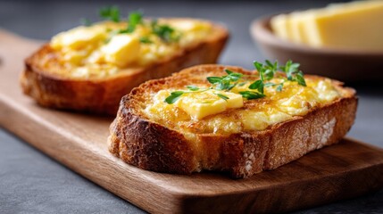 Delicious cheesy toast with fresh herbs on a wooden cutting board