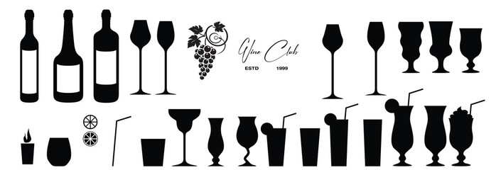 Handdrawn Wine Glass and wine bottle set