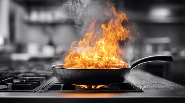 Flames erupt from a pan on a stove in a professional kitchen setting - Powered by Adobe