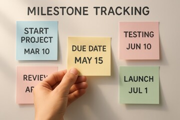 Hand placing sticky note on project milestone tracking board, representing time management and workflow organization for team collaboration.