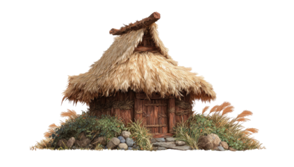 Rustic thatched-roof dwelling with stone and vegetation