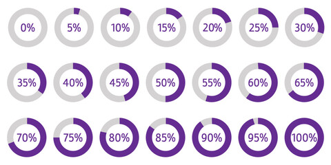 Set of circular percentage diagrams from 0 to 100 for infographics, including 0, 5, 10, 15, 20, 25, 30, 35, 40, 45, 50, 55, 60, 65, 70, 75, 80, 85, 90, 95, and 100. Vector percentage infographics. 