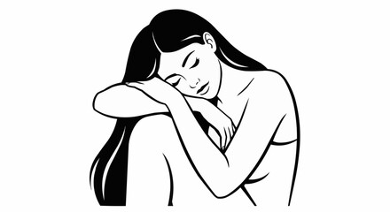 Serene Woman Resting with Arms Embracing Knees in Minimalist Line Art.
