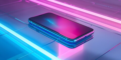 Sleek smartphone glowing with vibrant neon lights on a reflective surface, representing modern technology and connectivity.