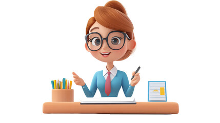 Smiling Cartoon Businesswoman at Desk with Notepad and Pen