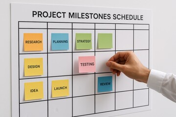 Professional team member adjusting project milestones on a schedule board, highlighting organization and task management in collaborative environments.