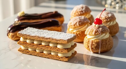 Mille-feuille, cream puffs, and chocolate eclairs on a white marble table illuminated by bright sunny light