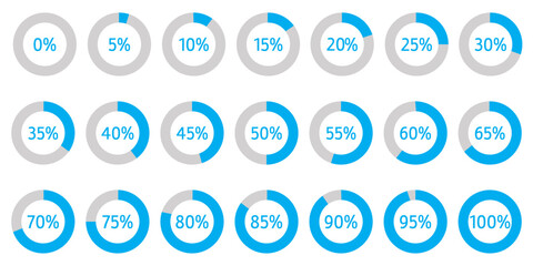 Set of circular percentage diagrams from 0 to 100 for infographics, including 0, 5, 10, 15, 20, 25, 30, 35, 40, 45, 50, 55, 60, 65, 70, 75, 80, 85, 90, 95, and 100. Vector percentage infographics. 