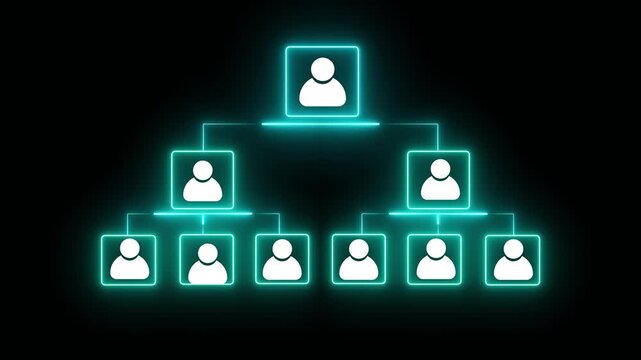Company hierarchical organizational chart idea on the black background. Motion graphics of human resources management and business concept. 4k video.