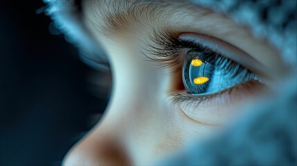 An extreme close-up of a young child's blue eye, with a reflection of glowing yellow digital data in the iris against a dark, blurred background. The mood is fu