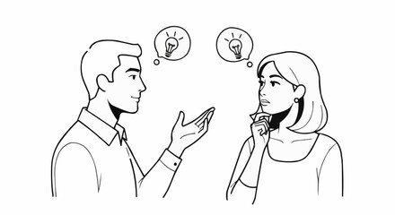 Man and woman discussing ideas with thought bubbles above their heads.
