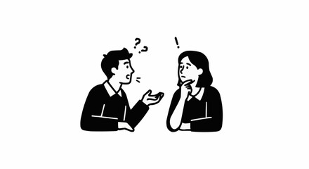 Man and woman discussing with question marks and exclamation.