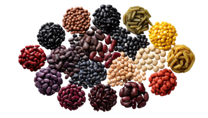 Assortment of colorful dried legumes and pasta arranged in a circular design