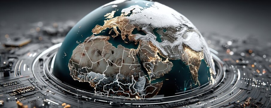 Global digital globe with illuminated continents and futuristic circuitry data visualization for a tech and finance audience