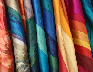 Close-up view of brightly colored, folded fabric creating a striped effect