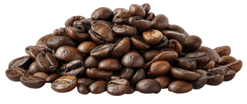 A pile of roasted brown coffee beans, isolated on a black background