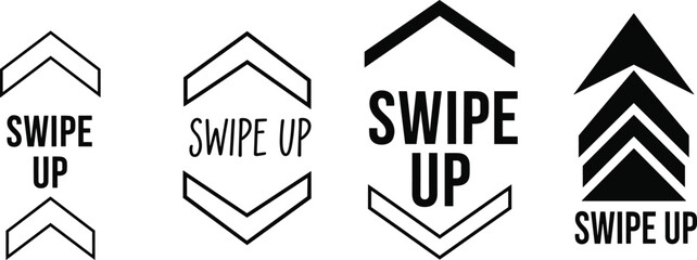 Minimal swipe up arrow icon set, bold upward chevron symbols, social media direction labels, modern call-to-action graphic design elements