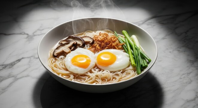 Hot steaming noodle soup with two poached eggs, mushrooms, crispy onions, and scallions in a bowl on marble surface