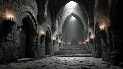 Ancient stone corridor with candles and arches, illuminated and mysterious atmosphere