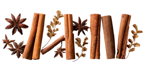 Spices arranged on a dark background, cinnamon sticks, star anise