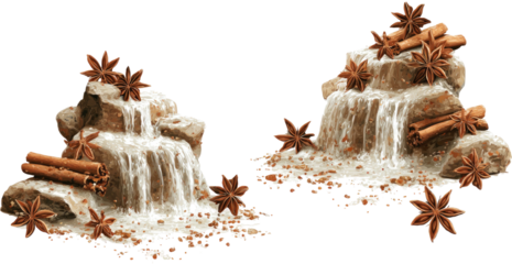 Miniature spice waterfalls with rocks, cinnamon, and star anise