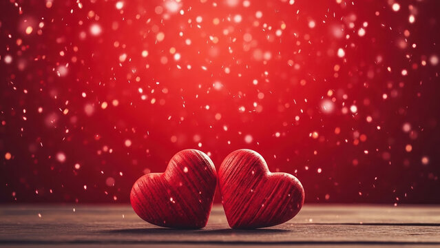 Two wooden hearts on rustic table with bokeh lights, perfect for Valentines Day and special occasions