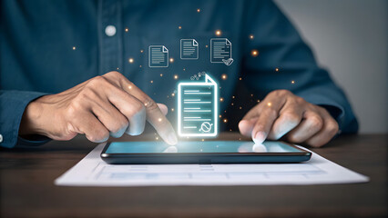 A person using a smartphone to access and manage electronic documents, showcasing the concept of digital document management and paperless office solutions