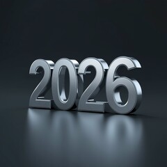 Shiny metallic 3d numbers spelling out the year 2026