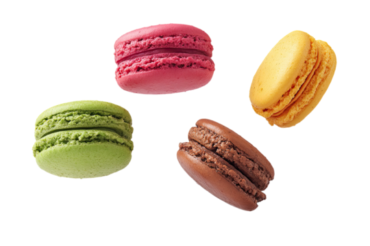 Four colorful, bite-sized meringue cookies with creamy filling