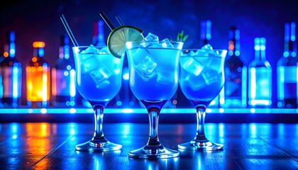 Three Blue Cocktails with Lime and Ice Cubes in a Glowing Bar