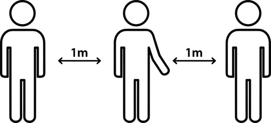 Social distancing illustration showing three stick figure people standing one meter apart, safety guideline concept, minimal line art design