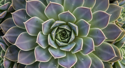 A close up shot of a succulent plant with green and purple leaves forming a symmetrical rosette pattern