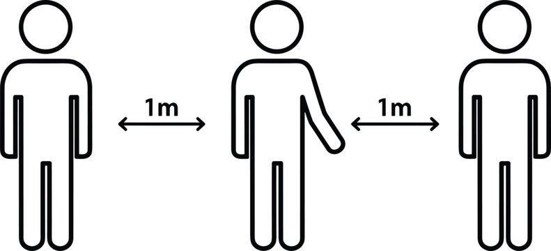 Social distancing illustration showing three stick figure people standing one meter apart, safety guideline concept, minimal line art design
