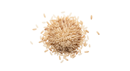 Pile of uncooked brown rice grains, top view, isolated on transparent background