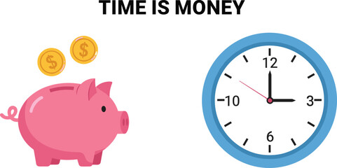 Time is money concept illustration featuring piggy bank, gold coins and clock symbolizing financial savings, productivity and time management value