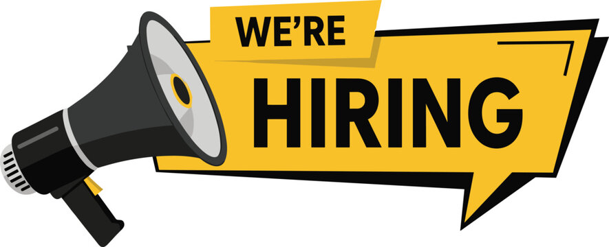 We’re hiring announcement banner with megaphone, bold recruitment message, job vacancy promotion design for business employment advertising and HR marketing use