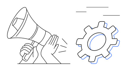 Hands holding a megaphone alongside a gear symbolizing teamwork, communication, productivity, innovation, collaboration, leadership, and workflow. Ideal for business promotion and communication