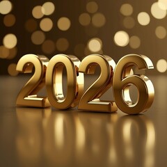 Golden 3d numbers 2026 with bokeh lights background