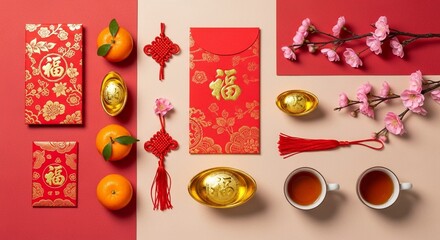 Festive Still Life with Red Envelopes, Gold Ingots and Tangerines for Lunar New Year Celebration