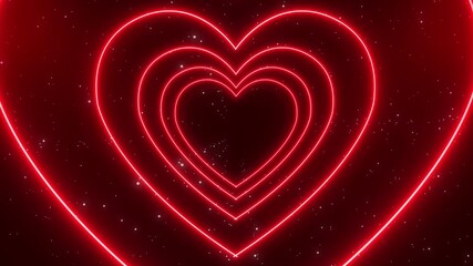 Video animation of many hearts in neon red neon magenta on dark background - abstract background - seamless loop. - Powered by Adobe
