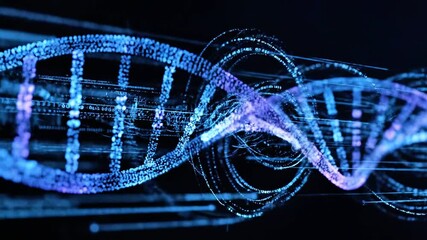 Neon blue and purple DNA double helix sails through a dark, digital backdrop of glowing strands now - Powered by Adobe